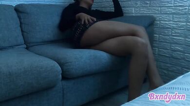 Latina on the sofa spying on herself in lingerie