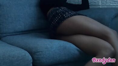 Latina on the sofa spying on herself in lingerie