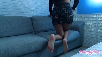 Latina on the sofa spying on herself in lingerie