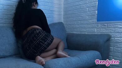 Latina on the sofa spying on herself in lingerie