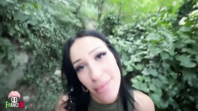 Brunette public blowjob steals cum in her mouth while Italian beauty deepthroats in park