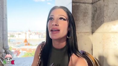 Brunette public blowjob steals cum in her mouth while Italian beauty deepthroats in park