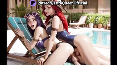 Purple poolside bang with huge redhead creampie threesome