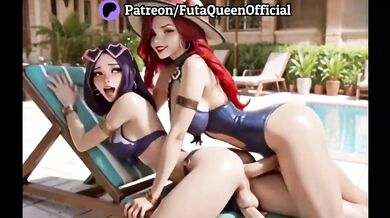 Purple poolside bang with huge redhead creampie threesome