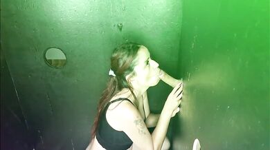 Wife takes cum inside deep throat gloryhole cuckold blowjob creampie