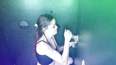 Wife takes cum inside deep throat gloryhole cuckold blowjob creampie