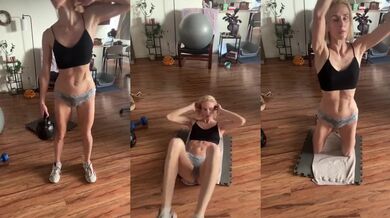 Blonde fitness babe shredded abs alone workout wet panties