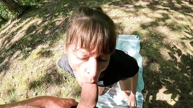 MILF hiking gets pissed on by farmer while sucking his cock