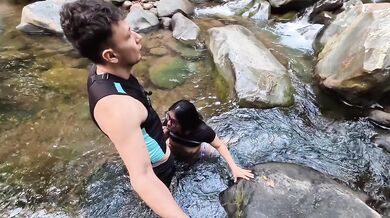 Public cum covered she lets strangers destroy her in the river