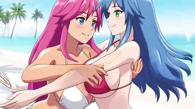 Two big-titted lesbians fucking hard on private beach hentai