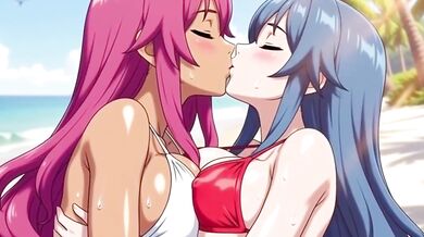 Two big-titted lesbians fucking hard on private beach hentai