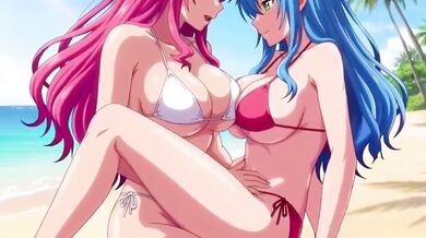 Two big-titted lesbians fucking hard on private beach hentai
