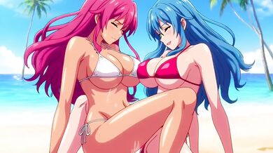 Two big-titted lesbians fucking hard on private beach hentai
