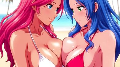 Two big-titted lesbians fucking hard on private beach hentai