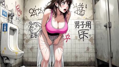 Mature milf hunts prey in public toilet animated fuck fest