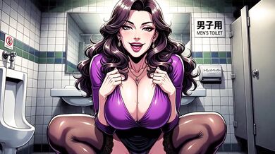 Mature milf hunts prey in public toilet animated fuck fest
