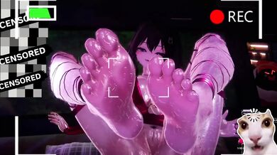Sweaty red bodycon tease ruined by hentai feet worship