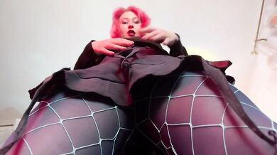 Pink haired femdom trashes loser’s cock while worshipping her goth tits and ass