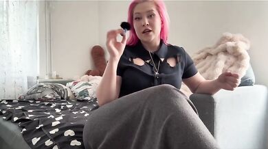 Pink haired mistress destroys your freedom in a chastity cage