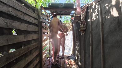 Outdoor shower couple ruined by greedy mouths cumming in the backyard