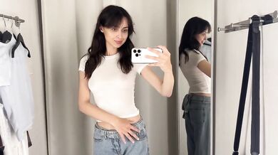 Petite brunette tears through sheer see through outfits in public