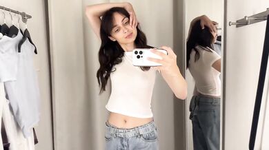 Petite brunette tears through sheer see through outfits in public