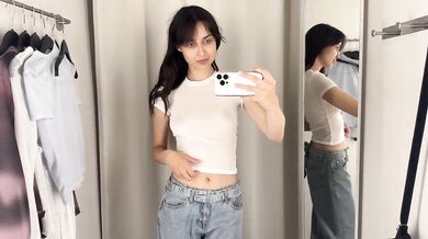Petite brunette tears through sheer see through outfits in public