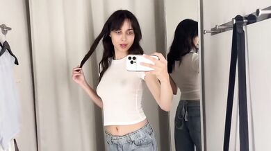 Petite brunette tears through sheer see through outfits in public