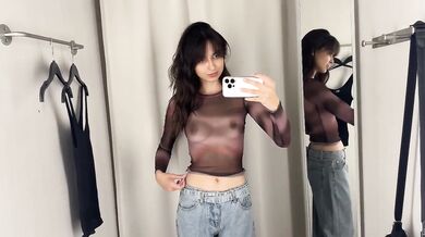Petite brunette tears through sheer see through outfits in public