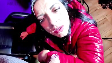 Red Glossy Jacket Destroyed by Smoking Doggy Cum Shots on POV