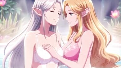 Beautiful lesbian elves share an intimate night in a magical hot spring