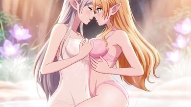 Beautiful lesbian elves share an intimate night in a magical hot spring