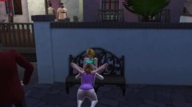 Lesbian animated pussy eating on public bench