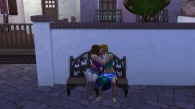 Lesbian animated pussy eating on public bench