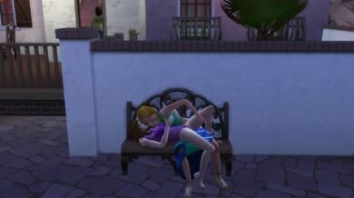 Lesbian animated pussy eating on public bench