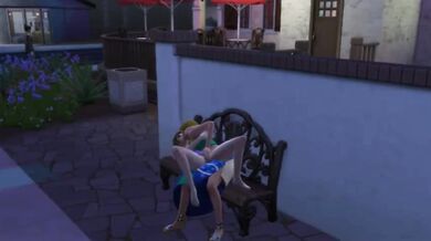 Lesbian animated pussy eating on public bench