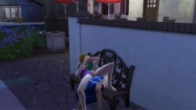 Lesbian animated pussy eating on public bench