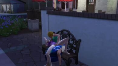 Lesbian animated pussy eating on public bench