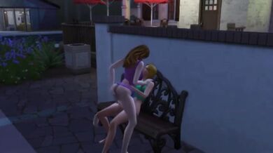 Lesbian animated pussy eating on public bench