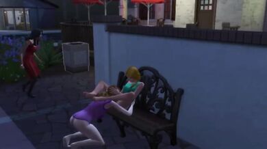 Lesbian animated pussy eating on public bench