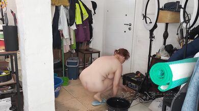 Naturist MILF couple deep cleaning their home naked voyeur hot twat