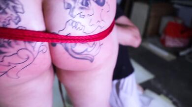 Goth BBW gets her tight red pussy brutally destroyed by a massive cock while shibari bondage chokes her big tits