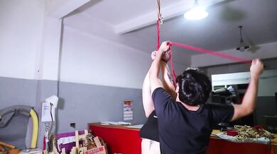 Goth BBW gets her tight red pussy brutally destroyed by a massive cock while shibari bondage chokes her big tits