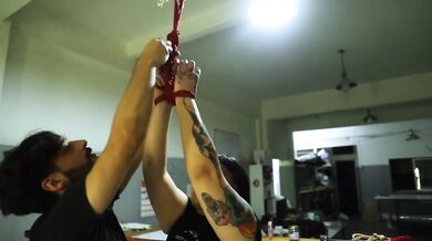 Goth BBW gets her tight red pussy brutally destroyed by a massive cock while shibari bondage chokes her big tits