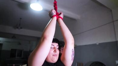 Goth BBW gets her tight red pussy brutally destroyed by a massive cock while shibari bondage chokes her big tits