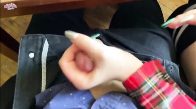 Schoolgirl gets Destroyed with Handjob under the Math Class table deep throat Blowjob and Footjob