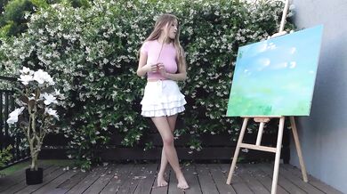 Petite Asian teen gets throat fucked outdoors with her big tits bouncing while kneeling for a thick cock