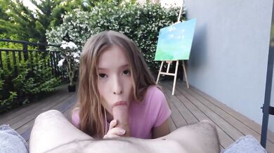 Petite Asian teen gets throat fucked outdoors with her big tits bouncing while kneeling for a thick cock