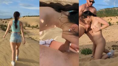 Asian teen gets face fucked outdoors in the desert with a big load