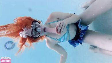 Nami's boiling redhead strip tease underwater fucked by dildo